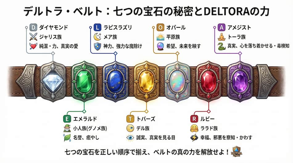 『デルトラ・クエスト』七つの宝石とその力「DELTORA」の秘密の図解