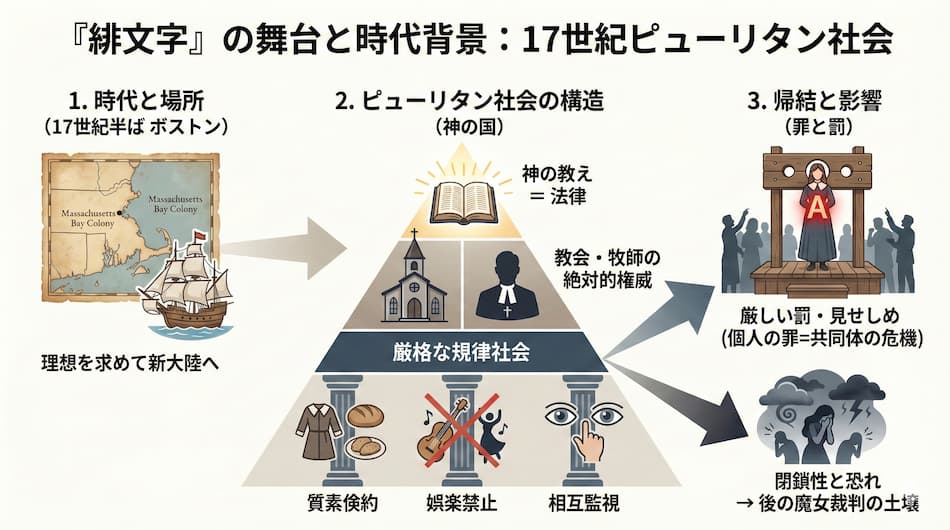 『緋文字』物語の舞台と時代背景の解説図解