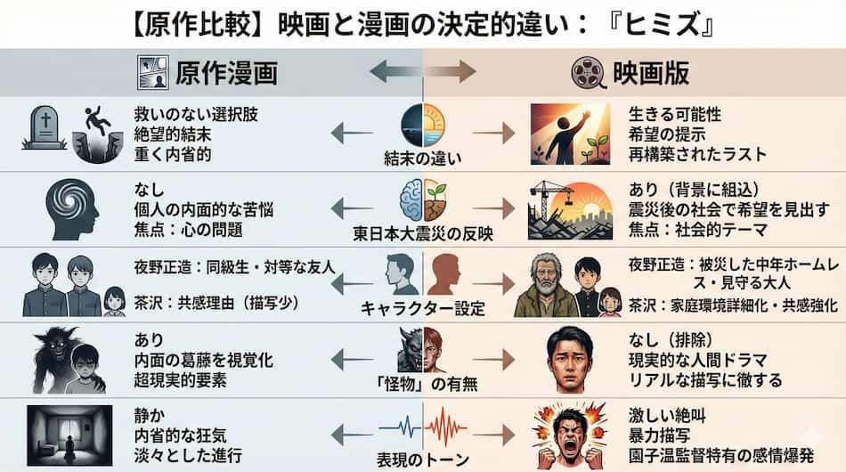 映画「ヒミズ」と原作漫画の違いの図解
