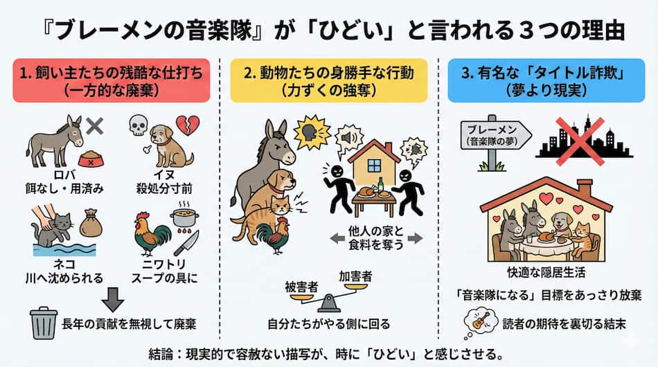 『ブレーメンの音楽隊』がひどいと言われる理由解説の図解