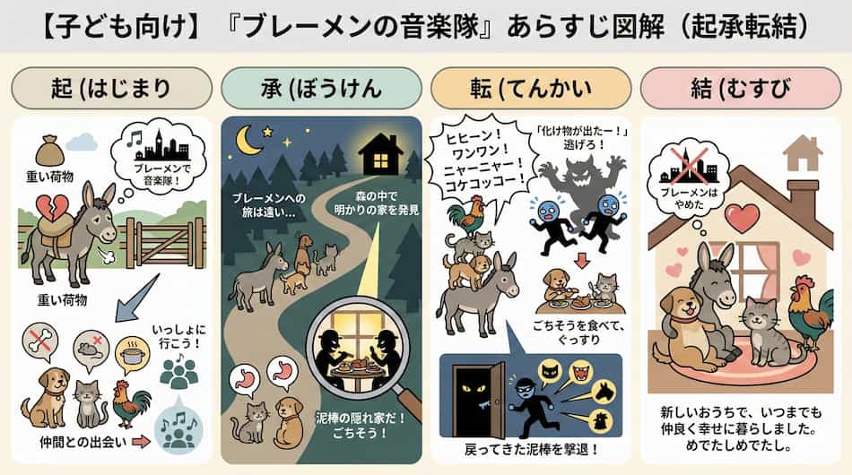 『ブレーメンの音楽隊』のあらすじ解説図解